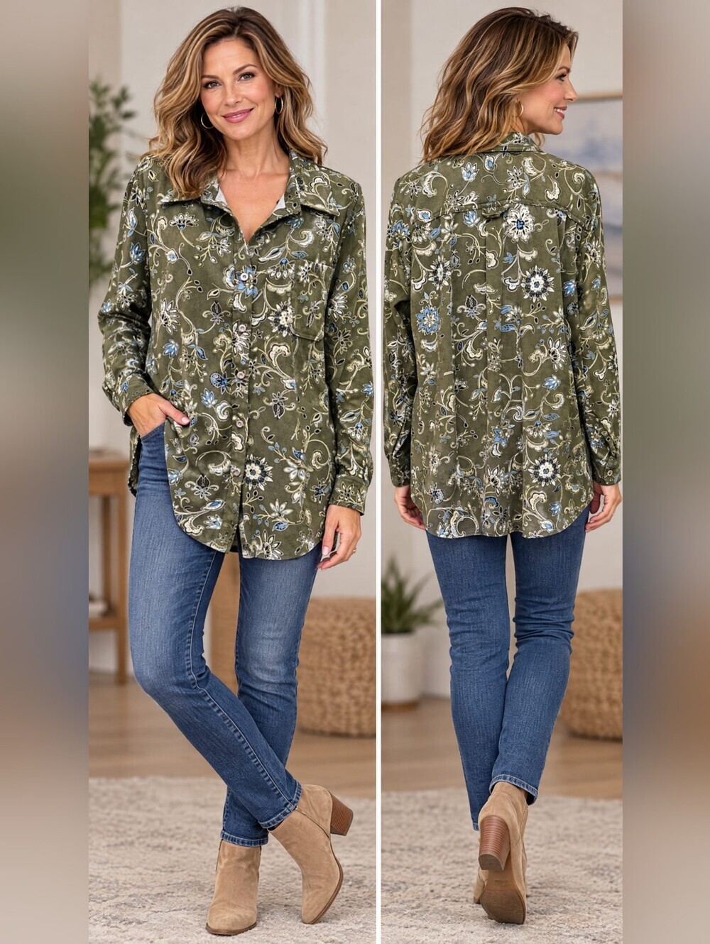Mainstreet Blues Olive Floral-Print Button-Down Shirt - Picture 9 of 12